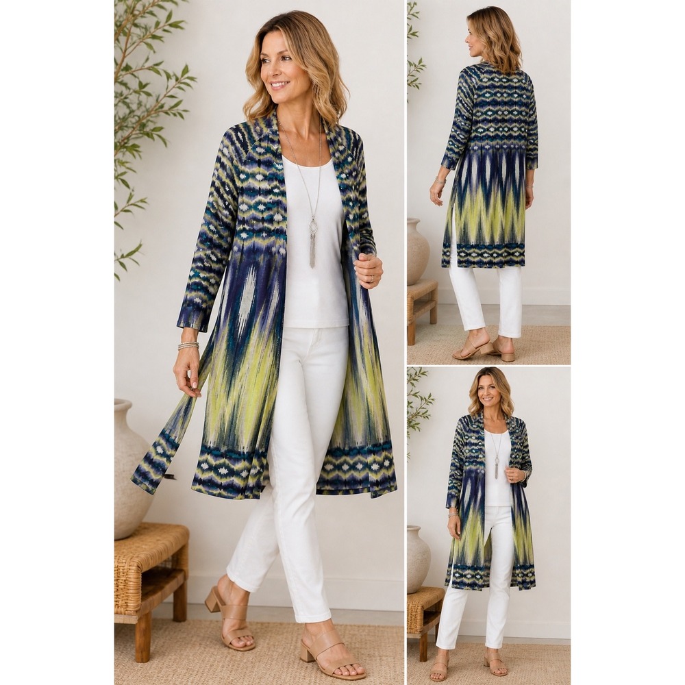 Chicos Linen Blend Cardigan Size 2 Large Blue Yellow Ikat Lightweight Boho